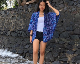 Outerwear Blue Kimono Jacket Rayon Batik, Bamboo Cardigan Bali Batik, Casual Blazer Handmade in Bali, Spring Summer Jacket, Beach Cover up