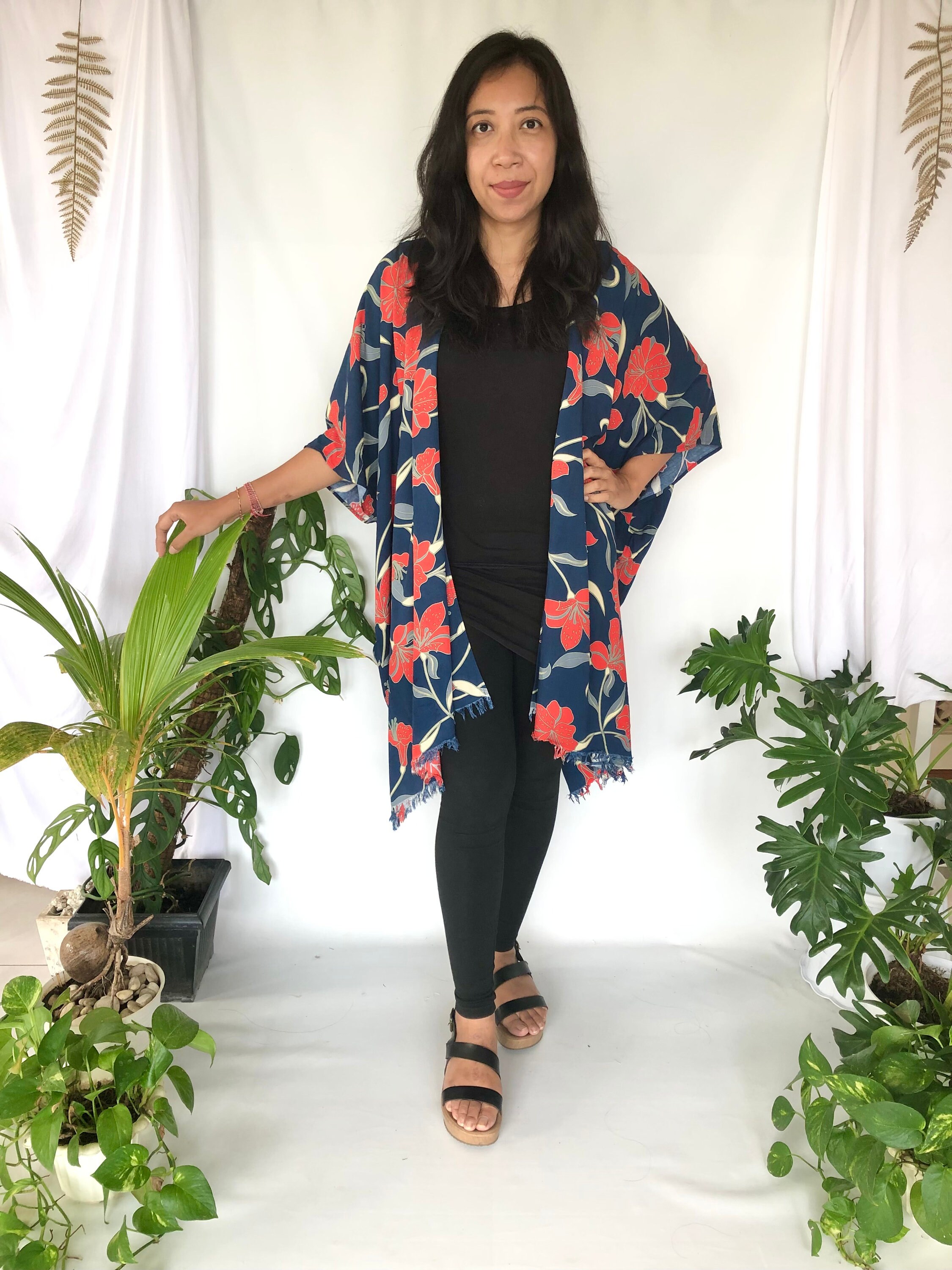 Floral Batik Kimono Jacket, Kimono Cardigan Rayon, Plus Size Kimono Robe, Bikini Cover Up, Blue Red Boho Cardigan Jacket, Summer Women Shrug