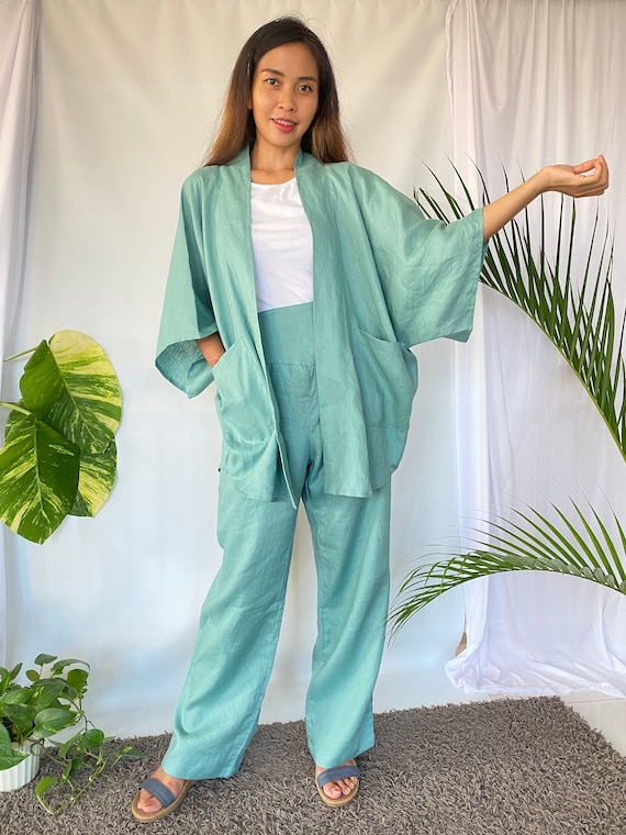 Mint 100% Linen Kimono Jacket Kimono Cardigan with 2 Pockets | Etsy