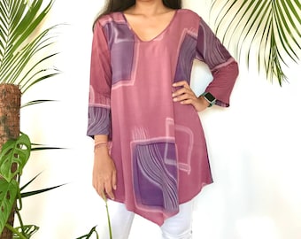 Mauve Boho Tunic Top, Hand Dyed Painting Blouse 3/4 sleeves, V neckline Petite to Plus Size Blouse, Loose Fit Batik Shirt, Bali Tie Dye Tee