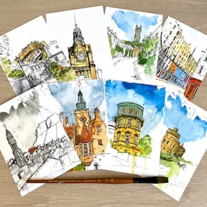 Tarjetas artísticas de tinta y acuarela de Edimburgo: juego de 8.