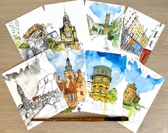 Tarjetas artísticas de tinta y acuarela de Edimburgo: juego de 8.