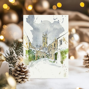 Edinburgh-kerstkaart, Circus Lane-kerstkaart, Schots kerstcadeau, Schotse kerstkunst, aquarel kerstkaart