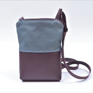 Crossbody Bag for Women, Boho Bag, Cross Body Purse, Small shoulder bag w/zipper, Brown vinyl, Blue Gray canvas, Casual, GIFT for her