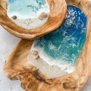 12x8&quot; Carved Wood Resin Bowl, Ocean Art Bowl, Beach Art, Rings and Jewelsl, Resin Artwork, Sea Shells, Starfish, Jewelry, Gift
