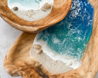 Carved Wood Resin Bowl, Ocean Beach Art, Sea Shell Starfish (12x8)