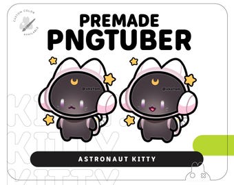 May include: Two black cartoon astronaut kitties with pink and white helmets and yellow stars. The text "PREMADE PNGTUBER" is at the top of the image. The text "ASTRONAUT KITTY" is below the kitties. The text "DO NOT REDISTRIBUTE/TRACE/STEAL @xketam.com" is at the bottom of the image.