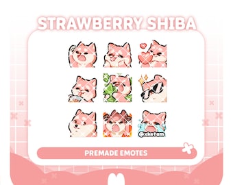 Strawberry Shiba ( 9 x emotes ) premade emotes for Streaming Twitch YouTube Discord Kick etc