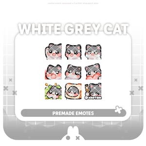 White grey cat ( 9 x emotes ) premade emotes for Streaming Twitch YouTube Discord Kick etc