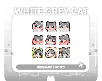 White grey cat ( 9 x emotes ) premade emotes for Streaming Twitch YouTube Discord Kick etc