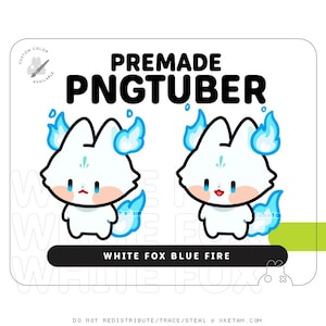 White Fox Blue Fire PNGTuber | Premade Chibi PNGtuber Fugi Avatar for Streaming Twitch, YouTube, and Discord