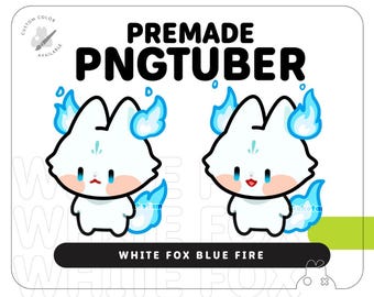White Fox Blue Fire PNGTuber | Premade Chibi PNGtuber Fugi Avatar for Streaming Twitch, YouTube, and Discord