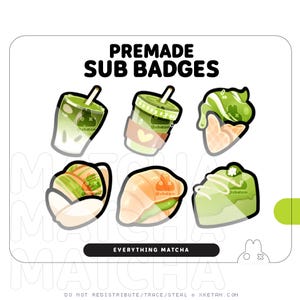 Puede incluir: Un conjunto de seis insignias de suscripción prefabricadas que presentan varios dulces con temática de matcha, incluyendo un latte de matcha, un cono de helado de matcha, un pastel de matcha, un rollo de sushi de matcha, una dona de matcha y una bebida de matcha en un vaso para llevar. Las insignias están todas en un estilo de dibujos animados y tienen un esquema de color verde y blanco.