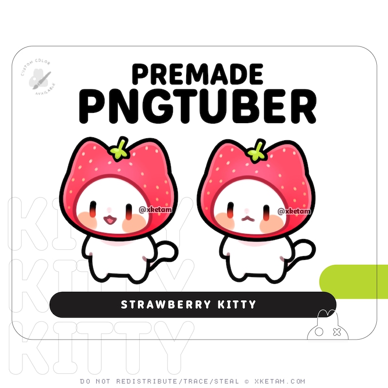 Puede incluir: Gr&aacute;fico PNGTuber prefabricado con dos personajes de Strawberry Kitty. Cada personaje tiene un cuerpo blanco, un sombrero de fresa rojo y una peque&ntilde;a cola. El texto "STRAWBERRY KITTY" est&aacute; debajo.