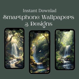 May include: Three digital phone wallpapers featuring a lush green forest with a waterfall and sunlight streaming through the trees. The wallpapers are designed for smartphones.
