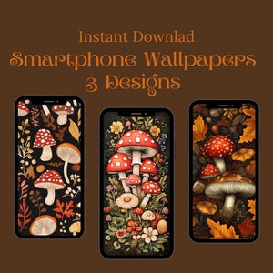 May include: Three phone wallpapers featuring a mushroom and autumn leaf design. The first wallpaper has a dark background with red and white mushrooms, green leaves, and brown branches. The second wallpaper has a light background with red and white mushrooms, green leaves, and flowers. The third wallpaper has a dark background with red and white mushrooms, brown leaves, and branches.