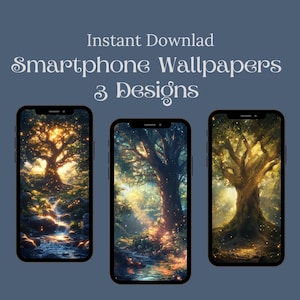 May include: Three smartphone wallpapers featuring a glowing tree in a forest setting. The tree is surrounded by glowing lights and a stream of water. The wallpapers are available for instant download.