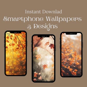 May include: Three autumn-themed smartphone wallpapers featuring close-up images of fall leaves in various shades of orange, yellow, and brown. The images are set against a blurred background of trees and foliage.