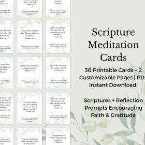 May include: A collection of white Scripture Meditation Cards with green floral accents. The cards feature Bible verses and reflection prompts. The text on the cards and the product title are visible. The product is a PDF instant download.
