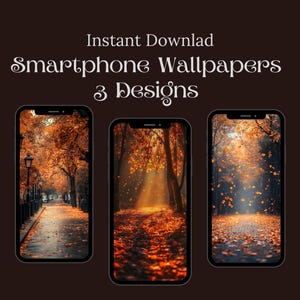 May include: Three autumn-themed smartphone wallpapers featuring a path lined with trees, a sunlit forest path, and a path with falling leaves.