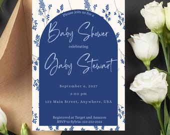 Editable Blue Floral Baby Shower Invitation Template | Neutral Boho Baby Shower Invite | Printable Modern Baby Sprinkle Card