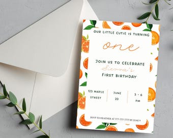Little Cutie First Birthday Invitation | Citrus Summer Party | Editable Orange Birthday Invite | Digital 1st Birthday Template