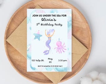 Mermaid Birthday Invitation Girl | Under the Sea Party Invite | Editable Birthday Invitation | Ocean Theme Invite for Kids Party