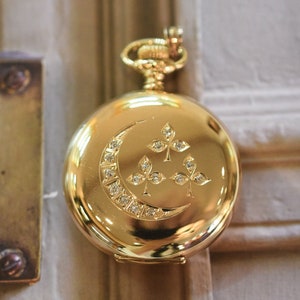 Antique Diamond Crescent Moon & Clover 14k Gold Pendant / Pocket Watch (37 grams)