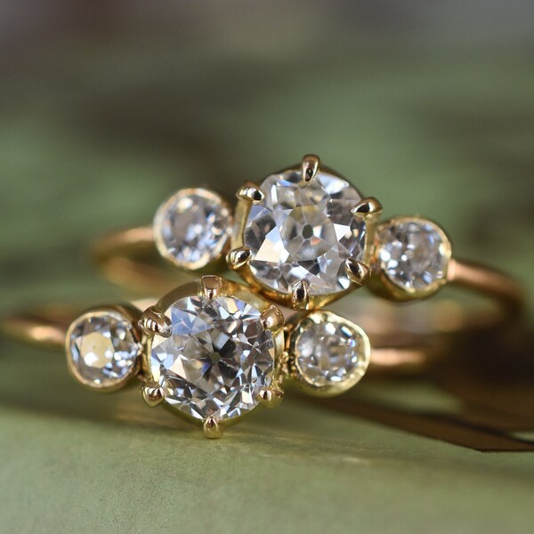 Old Cut Diamond Trilogy Diamond Engagement Rings - 18K Yellow Gold