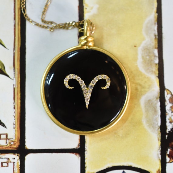 Large Vintage Onyx and Diamond Aries Pendant in M… - image 4