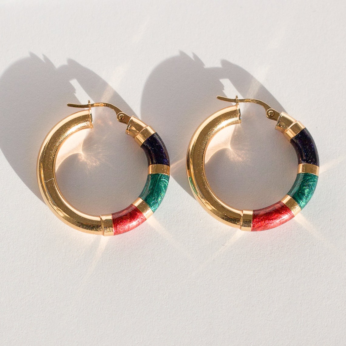 Vintage Pair of 9k Gold and Enamel Hoop Earrings / 9 carat Etsy