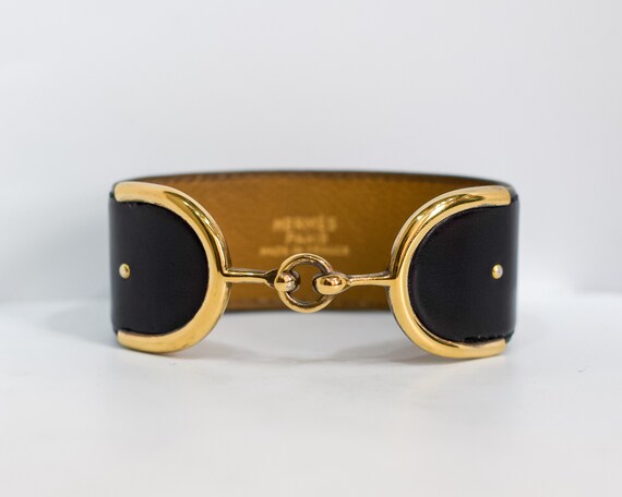 1977 Hermes Deux Eperons Black Leather Bracelet -