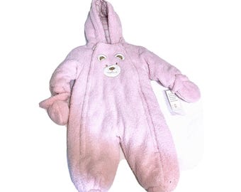 ROTHSCHILD Thick Fleece One Piece BUNTING Pink Bear Sz 12M Girl Hooded Mittens