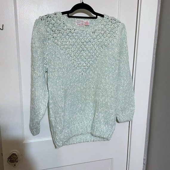 Vintage Womens 42 Sweater Mint Puff Sleeve Hand-knit Acrylic Mixed 