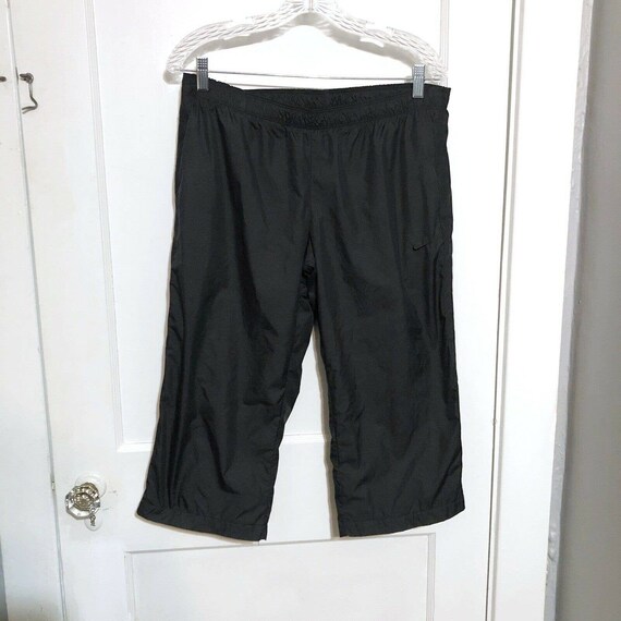 Nike Women's Large Windbreaker Cropped Capri Pants Black Swoosh Y2k Wide Leg