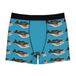 May include: Blue boxer shorts with a repeating pattern of brown and green bass fish.
