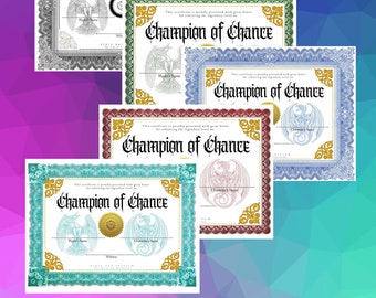 Champion of Chance Dice and Dragons Level 20 Certificate