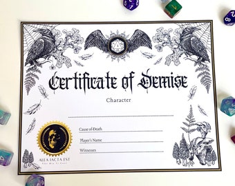 Character Death Certificate for Dice and Dragons