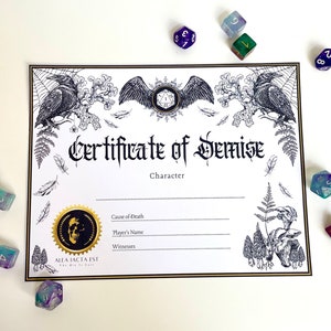 Character Loss Certificate for Dice and Dragons