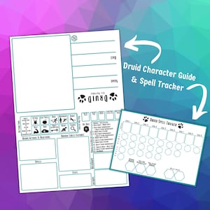 May include: A printable character sheet and spell tracker for a druid in Dungeons and Dragons. The sheet features a paw print design and includes sections for spells, abilities, and character information. The spell tracker has a hexagonal grid for tracking spells by level.
