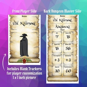 May include: A printable character sheet for a tabletop role-playing game. The front side features a black and white illustration of a plague doctor. The back side has a character name, race, and stats. The text on the sheet reads "Val Killmoré" and "ÅÜRikocri".