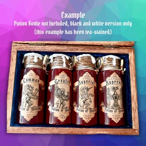 May include: Four small glass bottles with cork stoppers and labels that say "Common", "Greater", "Superior", and "Supreme" with a graphic of a mythical creature on each label. The bottles are in a wooden box with a blue velvet lining. The bottles are filled with a red liquid and have a white wax seal on top. The text on the labels is in black and white. The labels also say "Potion of Healing".