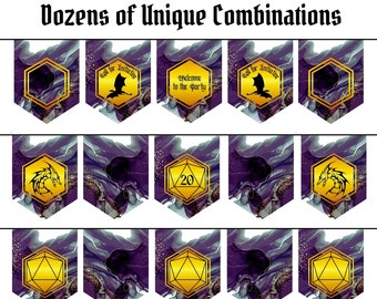 Purple and Gold Party Banner with Dice and Dragons