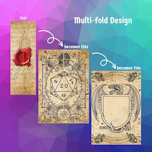 May include: A multi-fold design featuring three different images. The first image is a vintage parchment with a wax seal and runes. The second image is a vintage parchment with a 20-sided die and a compass. The third image is a vintage parchment with a dragon and the text "You are Invited" and "Roll for Initiative".