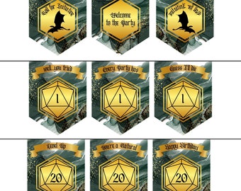 Green and Gold Party Banner with Dice and Dragons