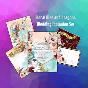 Conjunto de convites para festa de casamento em aquarela floral com tema Dungeons and Dragons and Dice