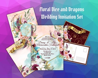 Dungeons and Dragons and Dice Themed Floral Watercolor Wedding Party Invitation Set
