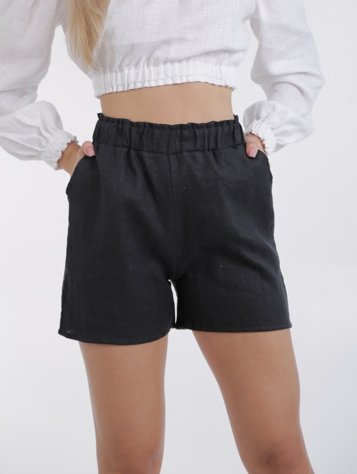 Black linen women shorts with pockets. Shorts high waist for Etsy