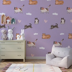 Cartoon Cute Cats Pattern Wallpaper | Peel and Stick Wallpaper, Wall Mural | Self Adhesive or Pasted | Removable Cat Wall Mural