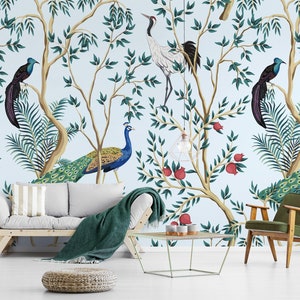 Exotic Garden Peacock Floral Wallpaper | Pattern Wall Mural | Peel and Stick Self Adhesive or Pasted | Removable Wallpaper | Custom Size